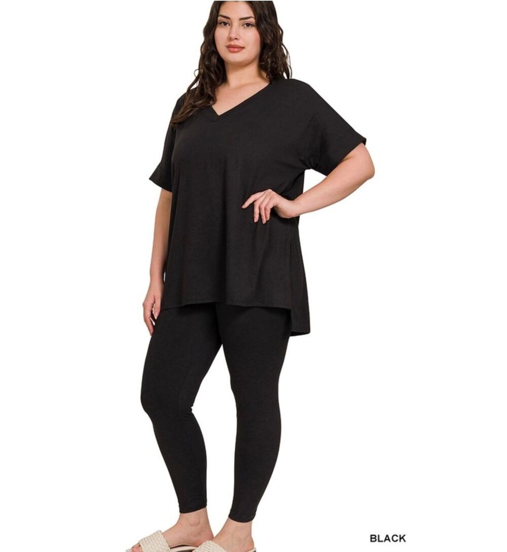 Zenana Black V-Neck Tunic Top & Leggings Set – Size 3X